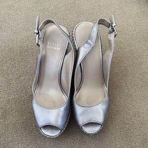 Stuart Weitzman Metallic Silver Peep-Toe Slingback Heels